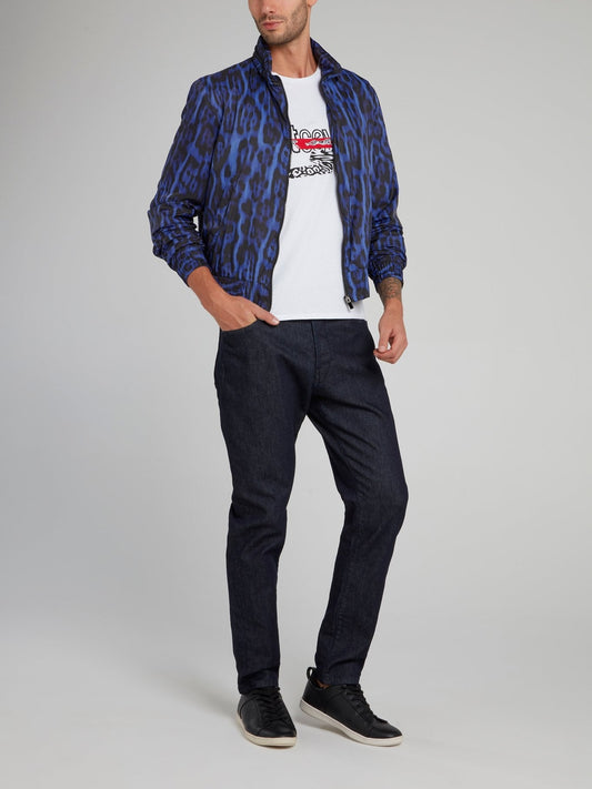 Blue Leopard Print Jacquard Zip Up Jacket