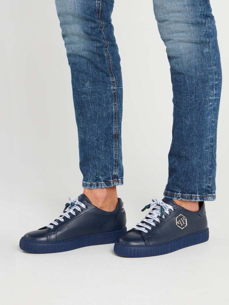 Navy Logo Lace Up Leather Sneakers