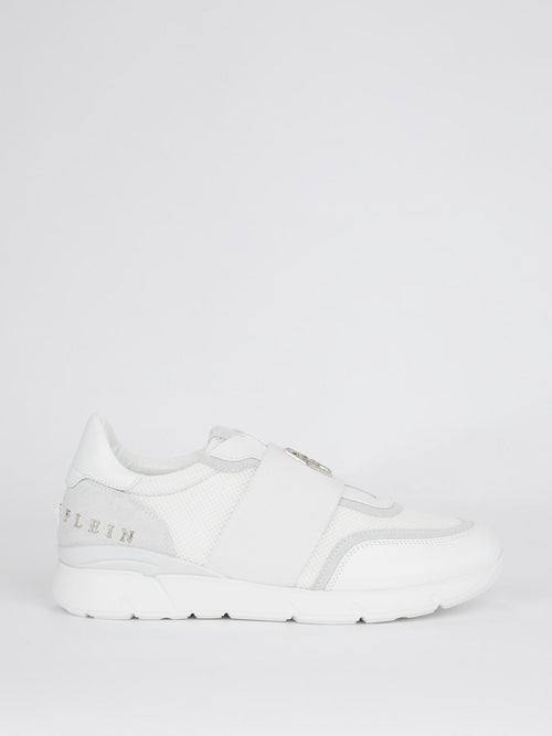 White Elastic Front Strap Mesh Panel Sneakers