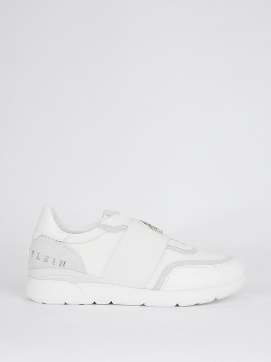 White Elastic Front Strap Mesh Panel Sneakers