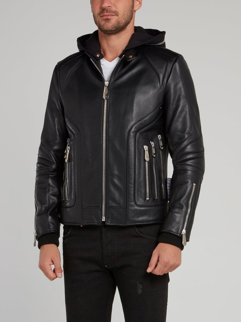 Zipper Embellished Hooded Moto Jacket