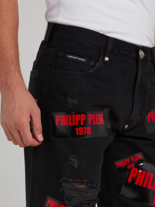 Black Distressed Logo Patch Bermudas