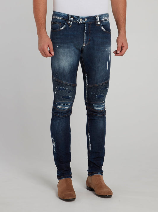 Navy Distressed Slim Fit Biker Jeans