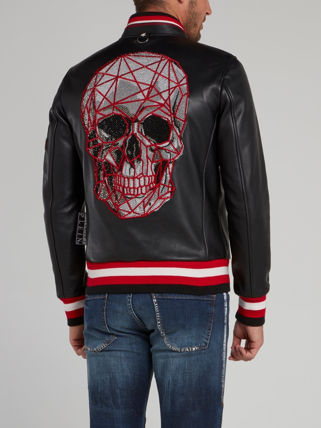 Stripe Edge Skull Leather Bomber Jacket