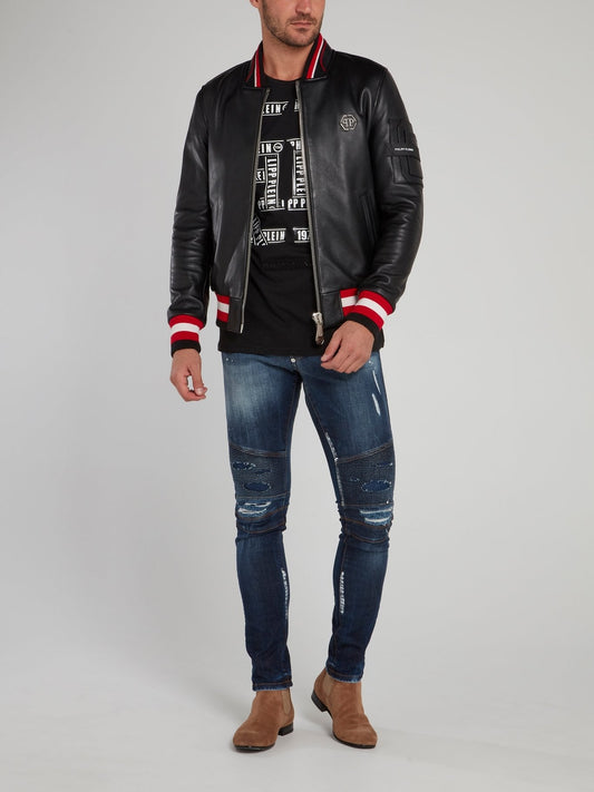 Stripe Edge Skull Leather Bomber Jacket