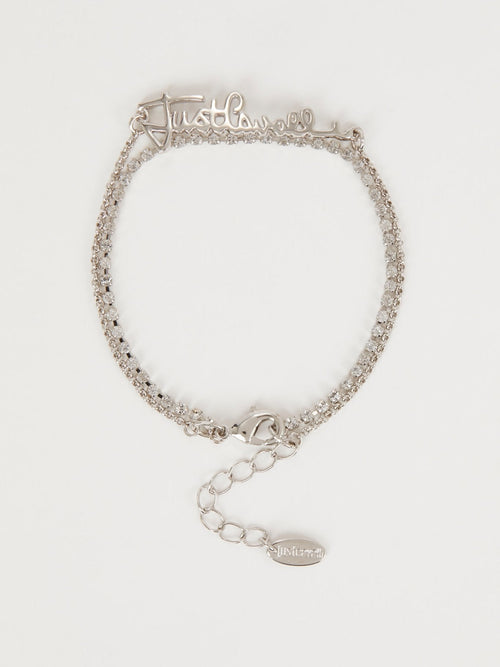 Silver Crystal Embellished Logo Link Bracelet