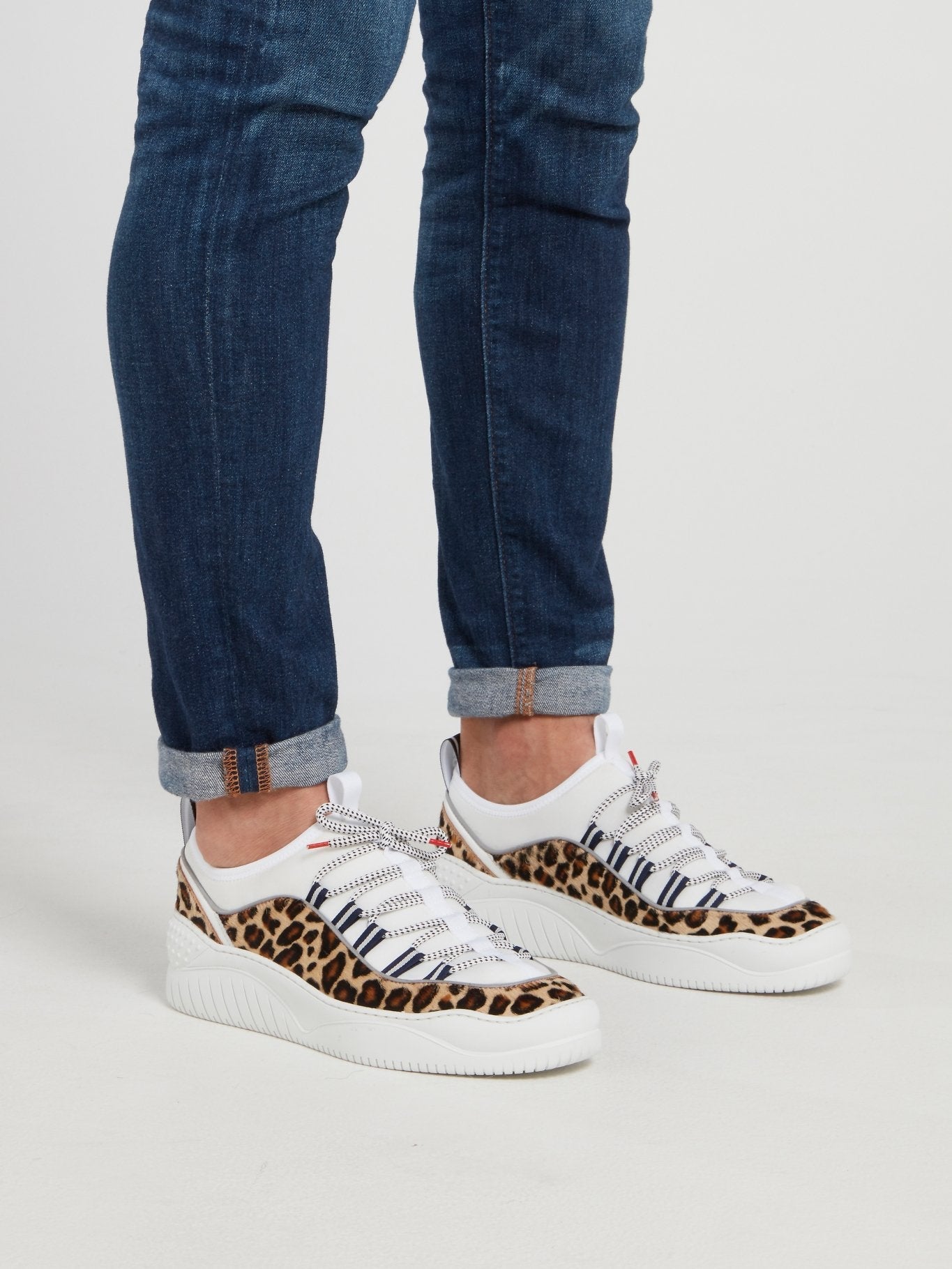 White Leopard Panel Lace Up Sneakers