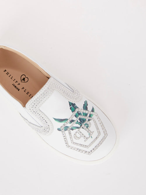 White Crystal Studded Slip On Sneakers