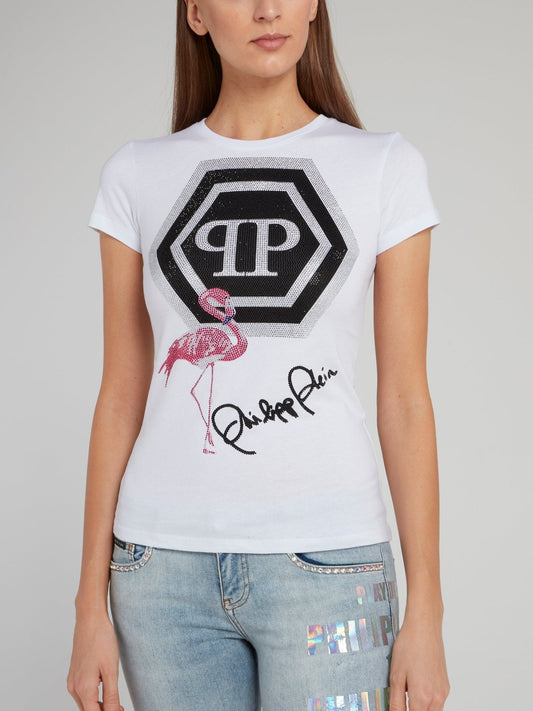 White Studded Flamingo Print Logo T-Shirt