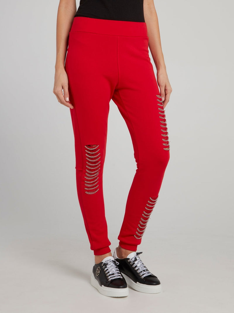 Red Chain Embellished Waistband Track Pants