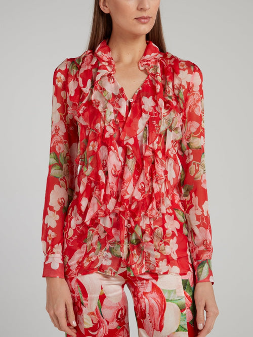 Red Floral Cascade Ruffle Blouse