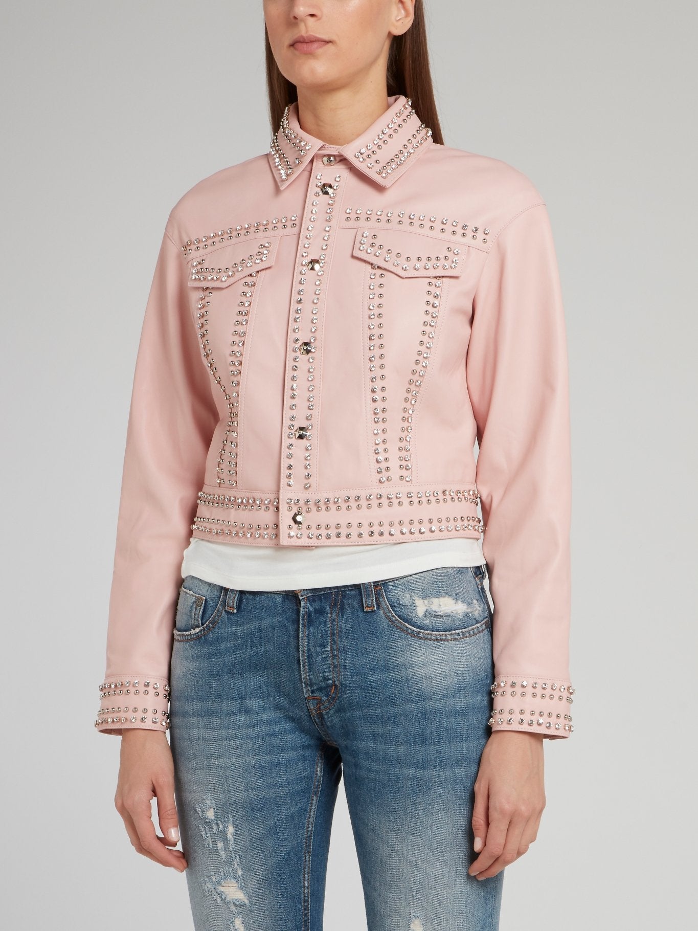 Pink Crystal Studded Leather Jacket