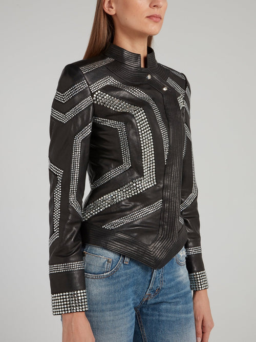 Black Studded Geometric Leather Jacket