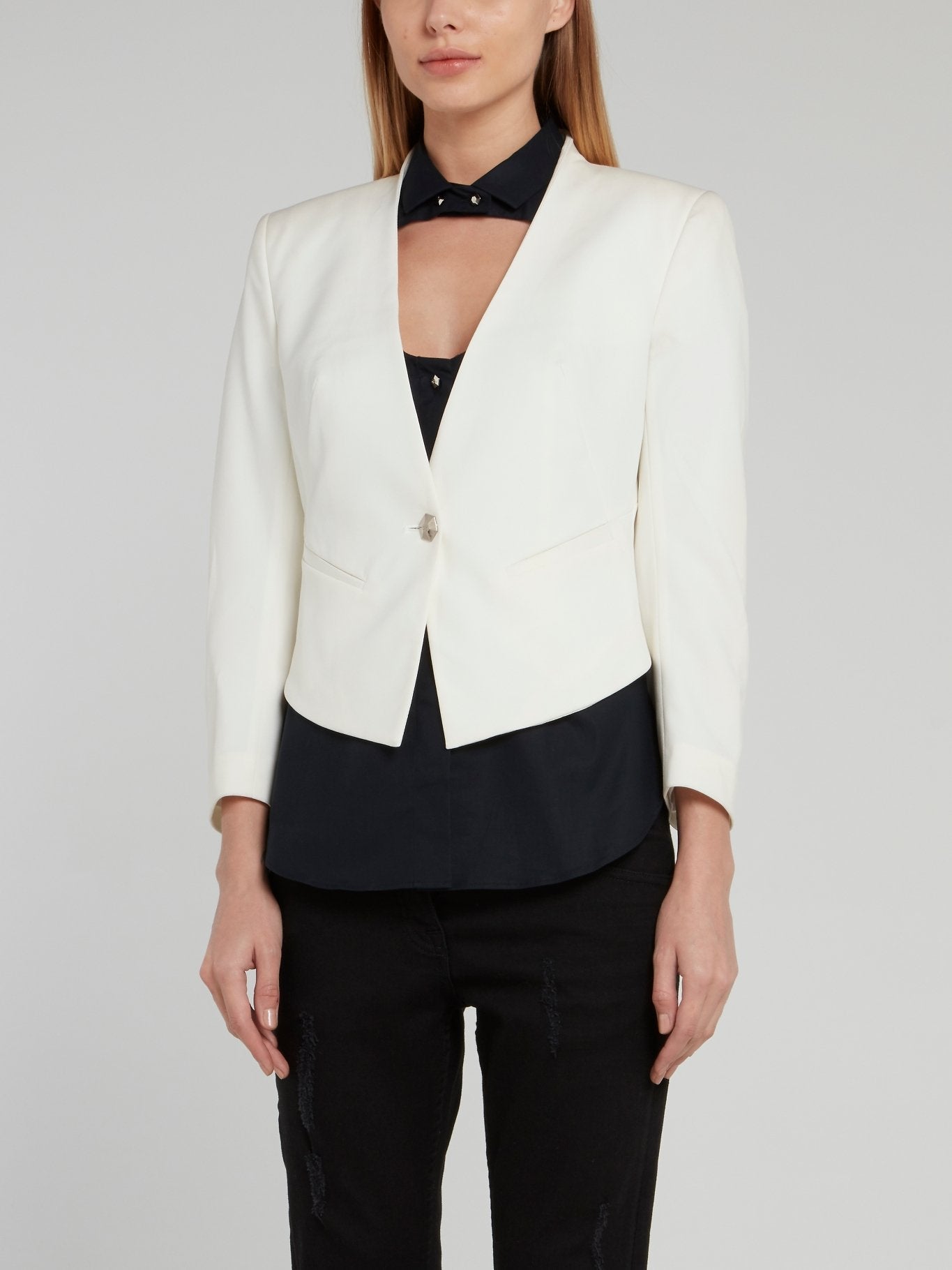 White Collarless Cropped Blazer