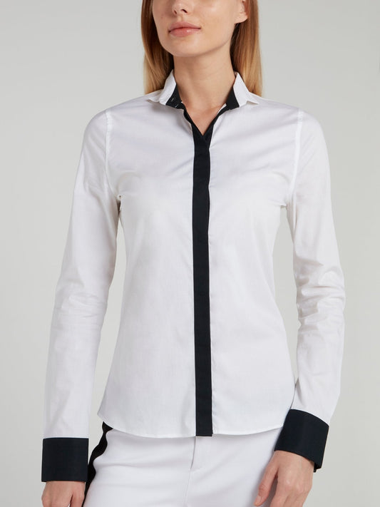 White Contrast Cuff Long Sleeve Shirt