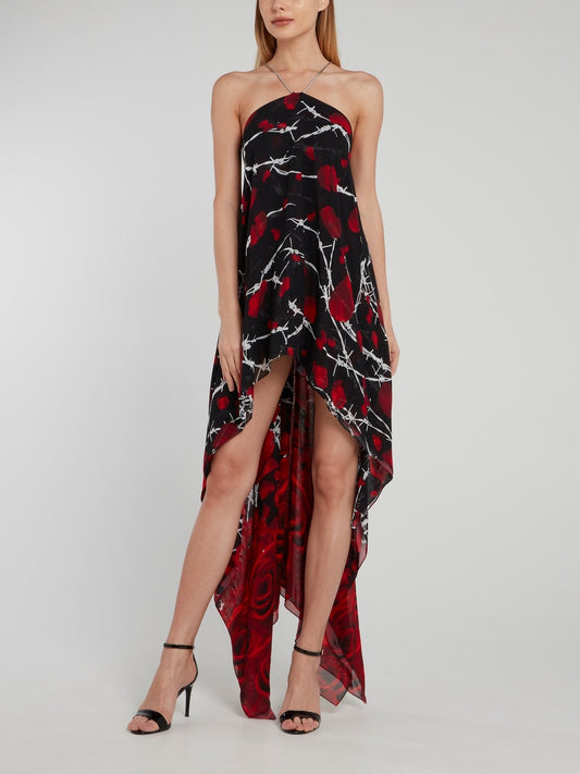 Black Rose Print High-Low Halter Dress