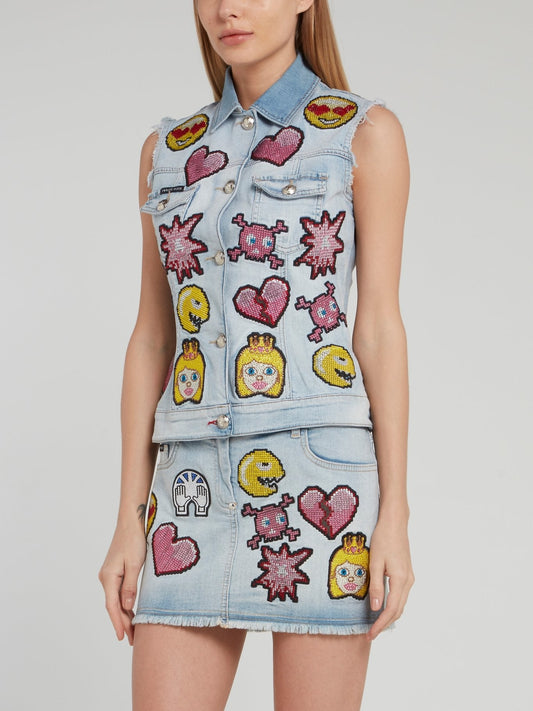 Blue Embroidered Emoji Frayed Denim Gilet