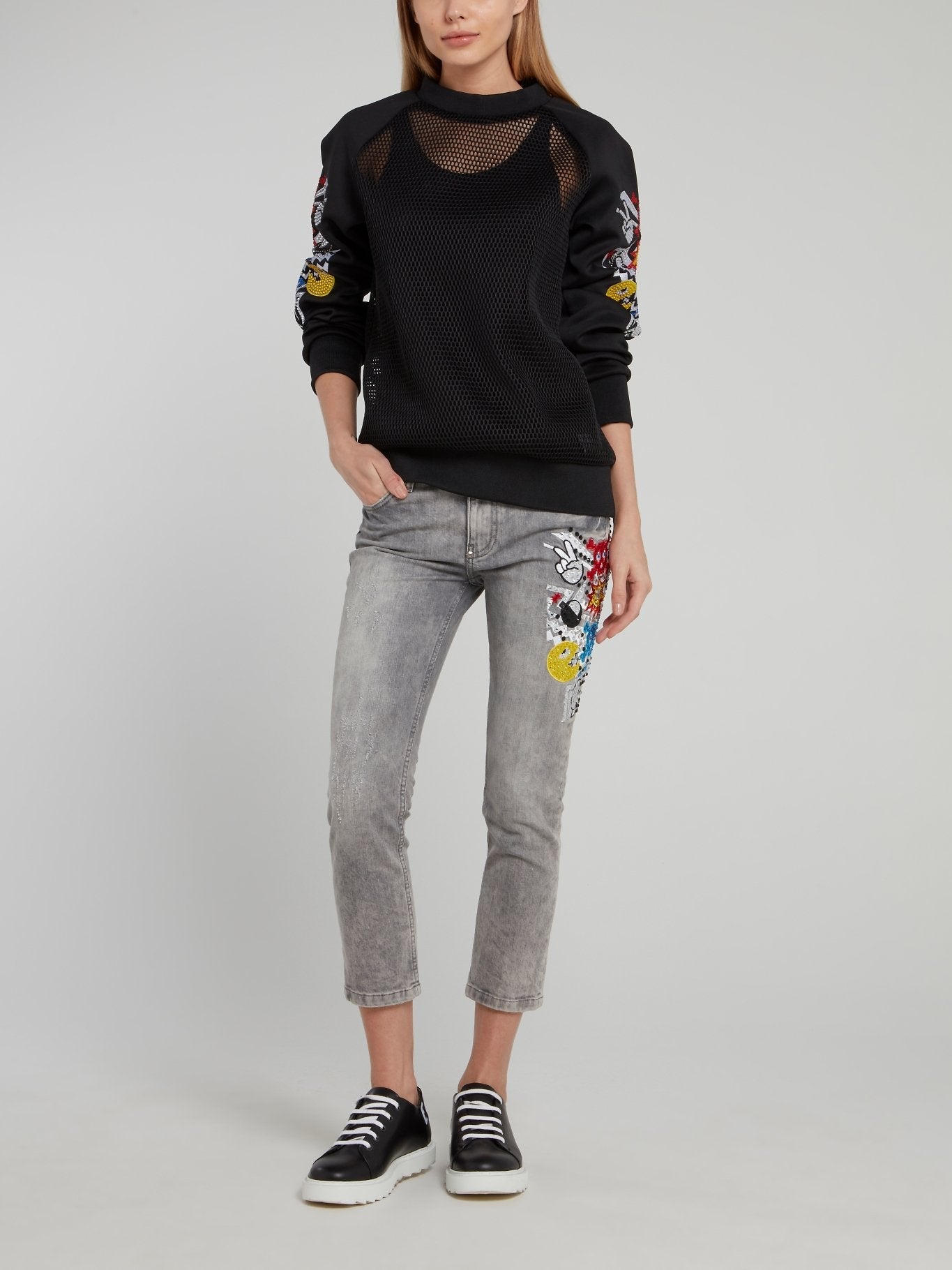 Grey Multi-Stud Distressed Cropped Pants