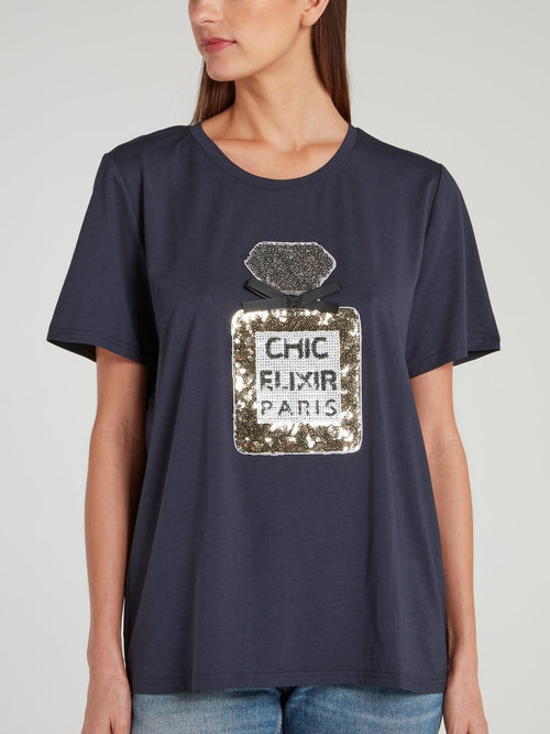 Navy Sequin Embellished Cotton T-Shirt