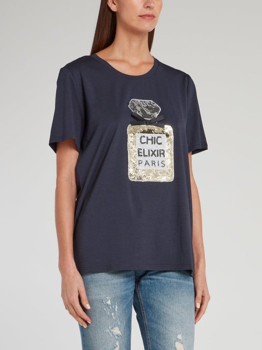 Navy Sequin Embellished Cotton T-Shirt