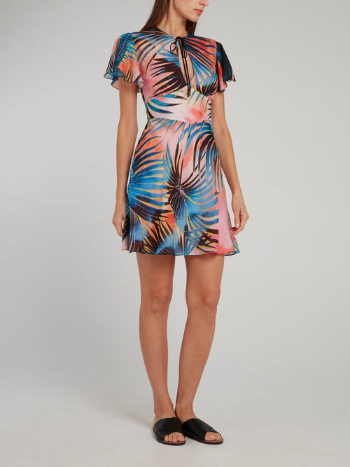 Palm Print Keyhole Mini Dress