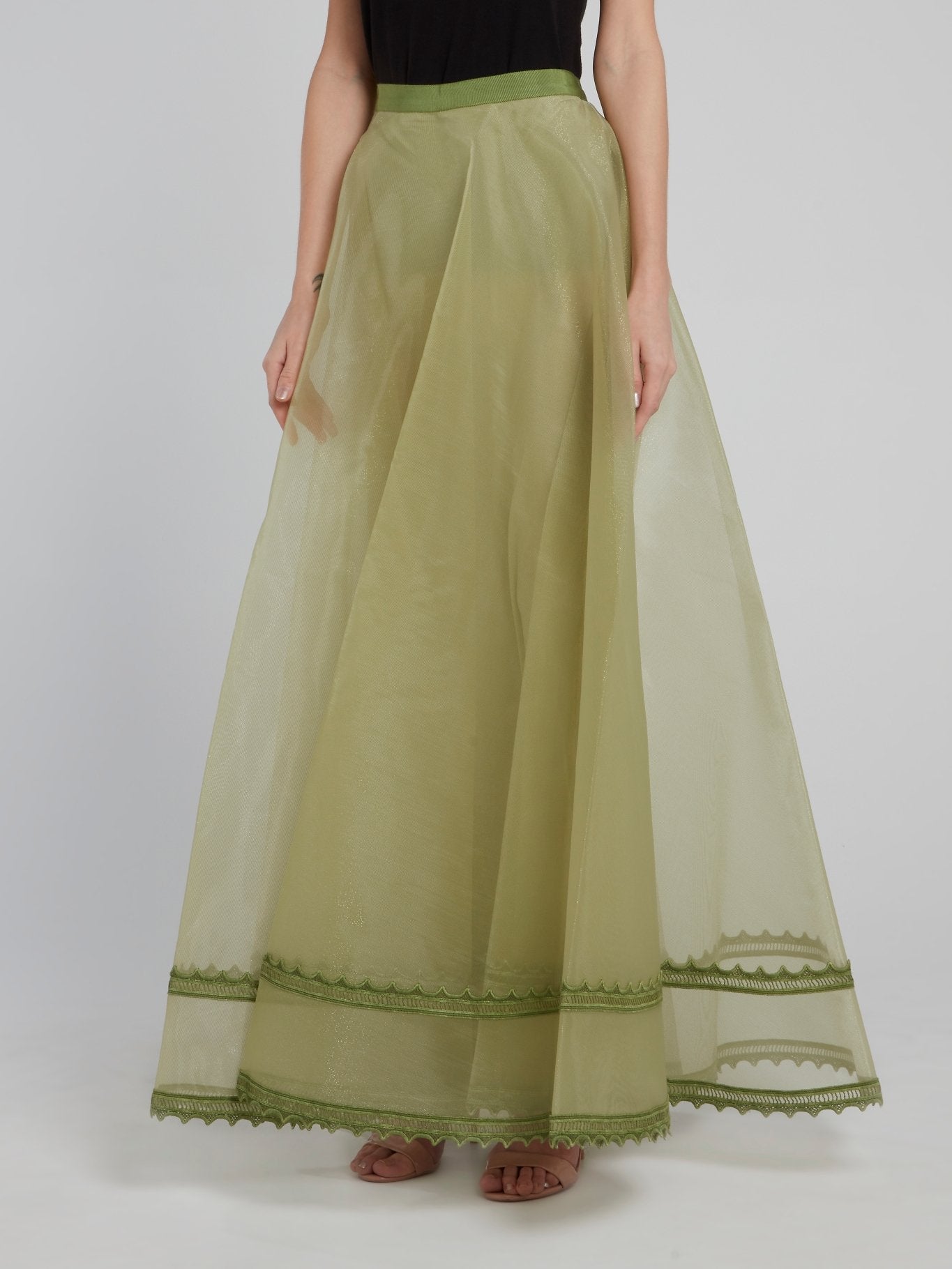 Olive Full Length Lining Mesh Maxi Skirt