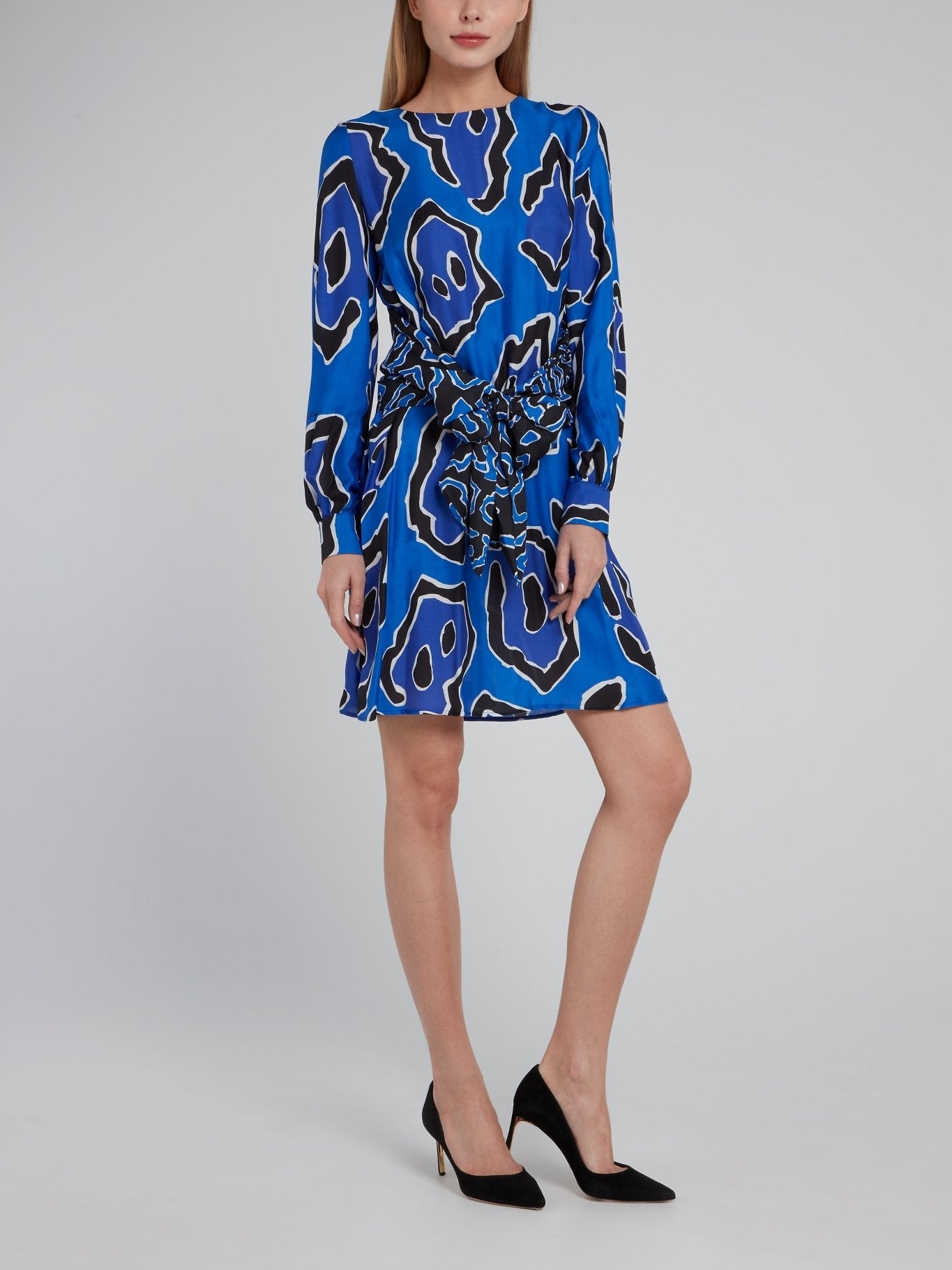 Blue Tie Front Bishop Sleeve Mini Dress