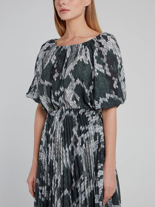 Snake Print High Low Frill Midi Dress