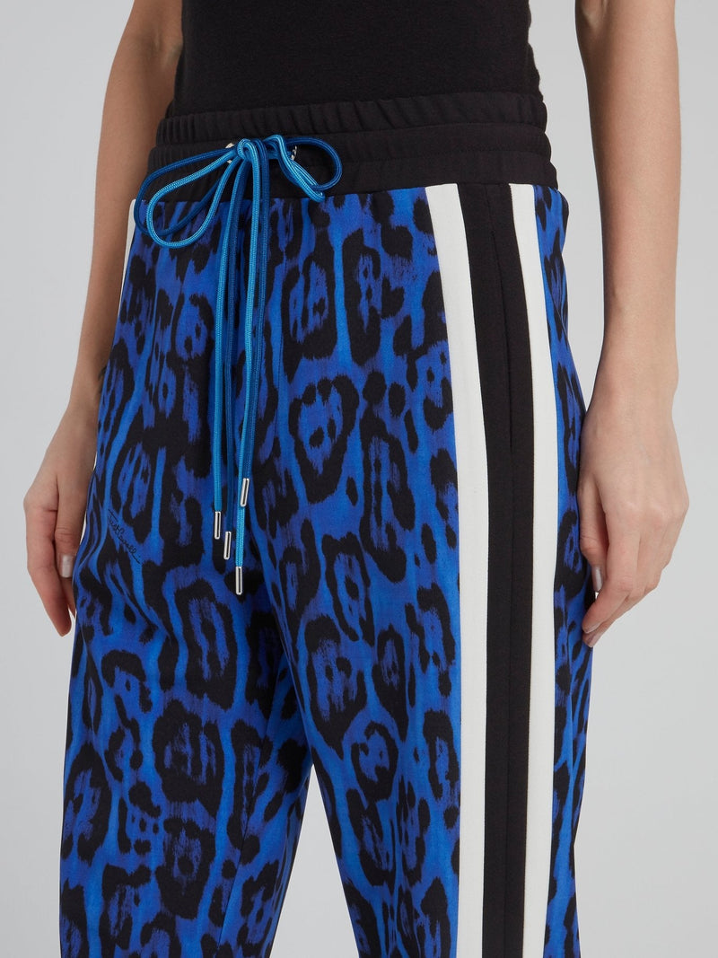 Blue Leopard Effect Side Stripe Cropped Pants