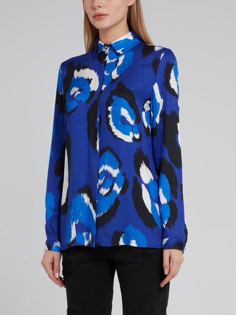 Blue Leopard Effect Long Sleeve Viscose Top