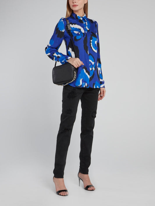 Blue Leopard Effect Long Sleeve Viscose Top