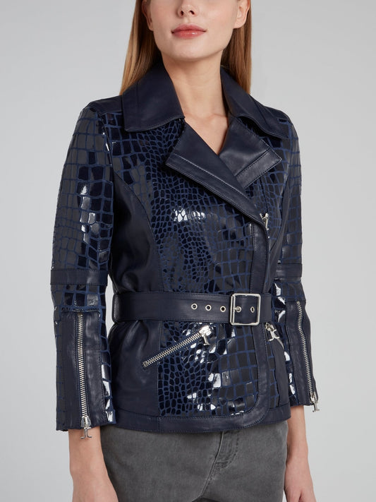 Navy Snake Effect Biker Jacket