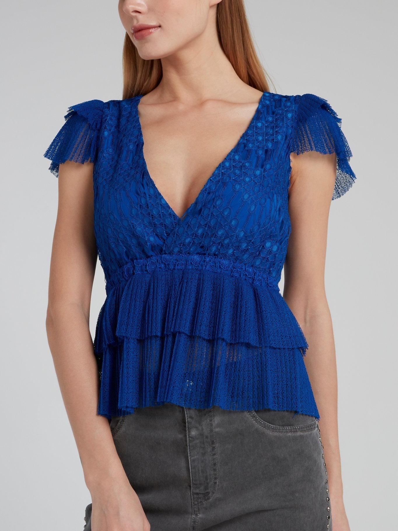 Blue Surplice Ruffle Tulle Top