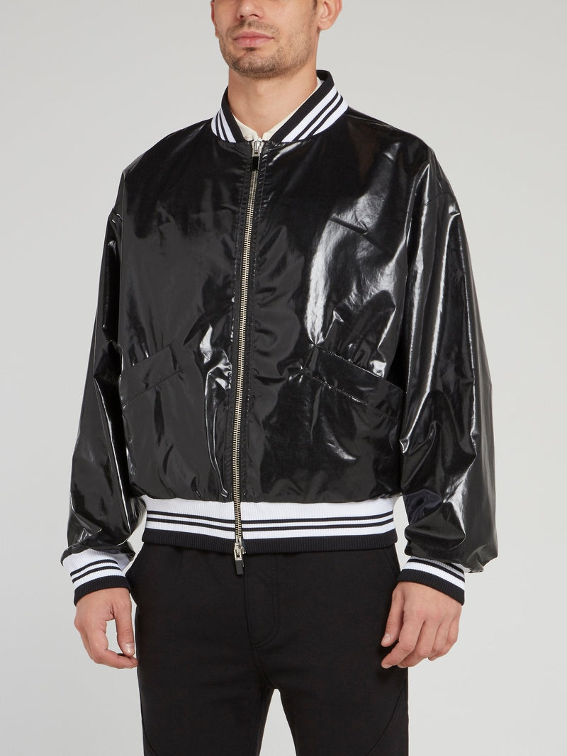 Black Snake Print Stripe Edge Bomber Jacket