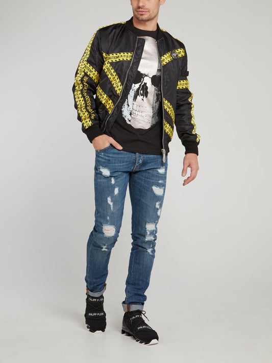 Caution Tape Skull Print Bomber Jacket