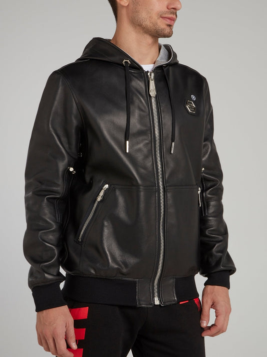 Black Hooded Leather Bomber Jacket