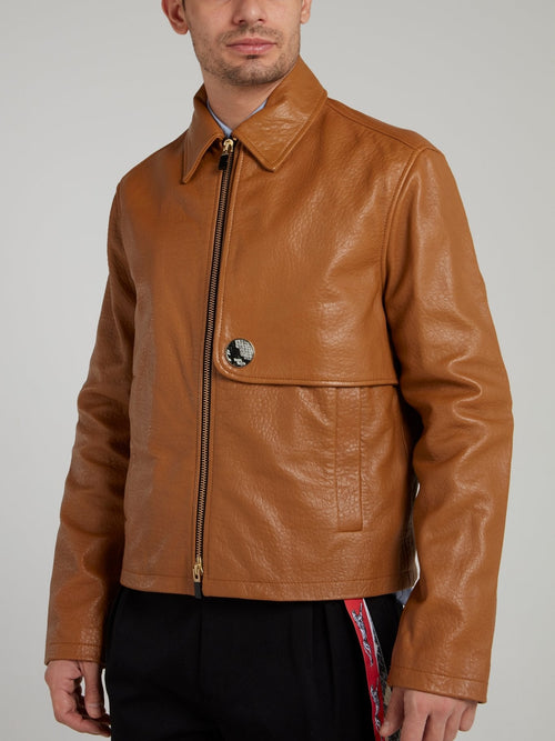 Brown Zip Up Textured Leather Jacket