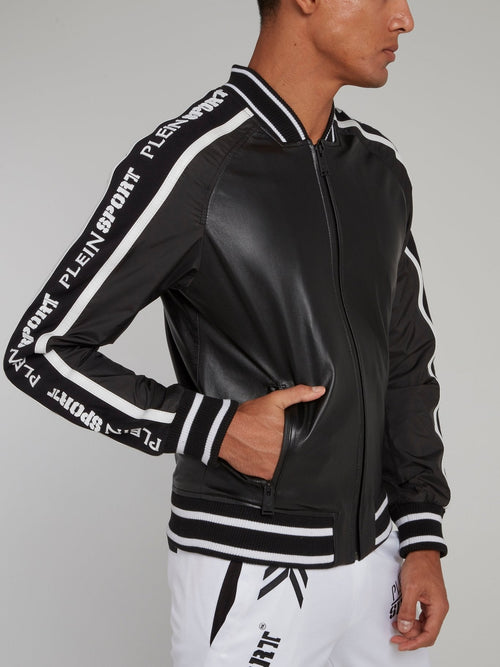 Black Logo Stripe Edge Leather Jacket