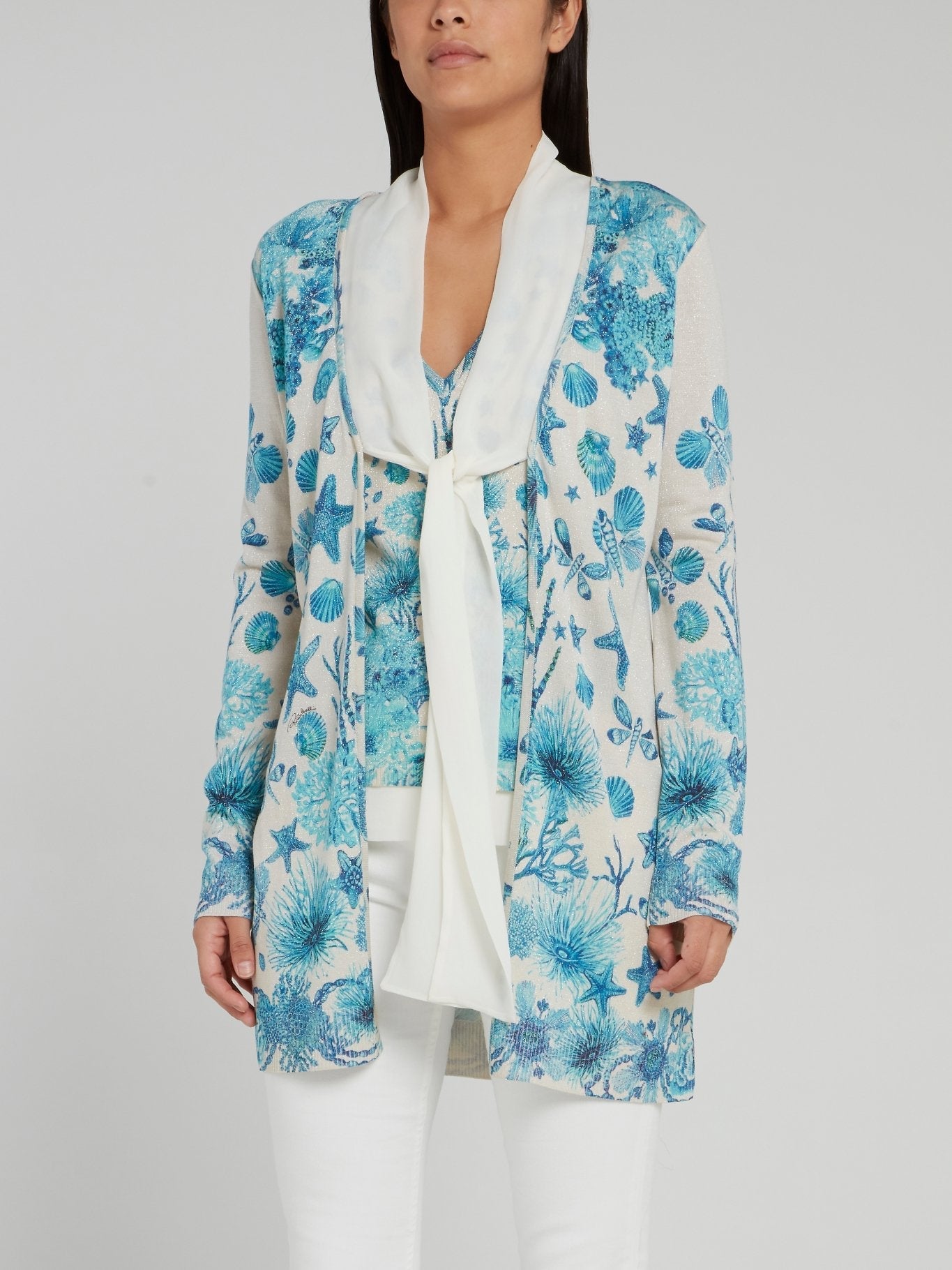 Ocean Print Tie Front Knitted Cardigan