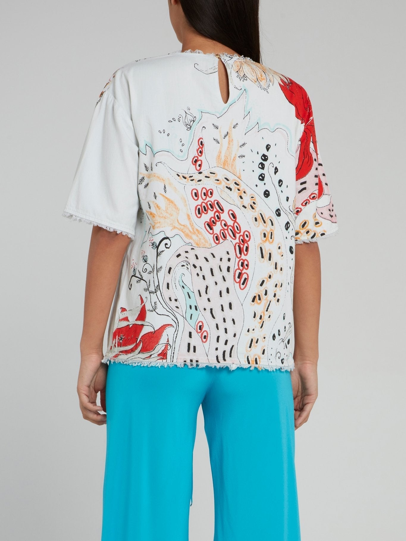 Floral Sketch Print Keyhole Back Frayed Shirt