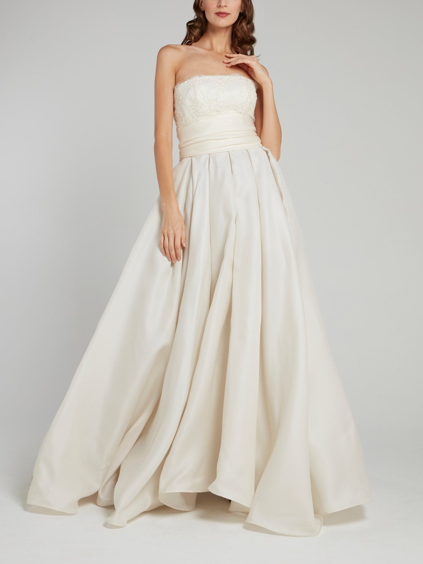 White Straight Across Ruffle Bridal Gown