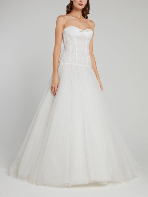 White Beaded Strapless A-Line Bridal Gown