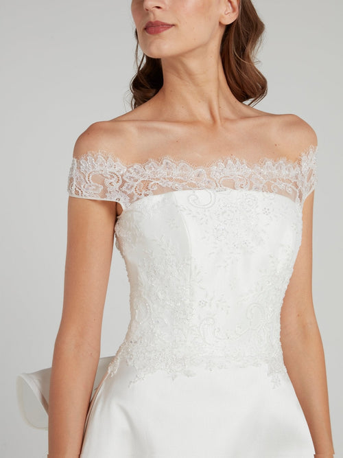 White Off-The-Shoulder Ruffle Back Bridal Gown