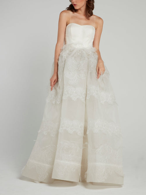 White Lace Overlay Strapless Bridal Gown