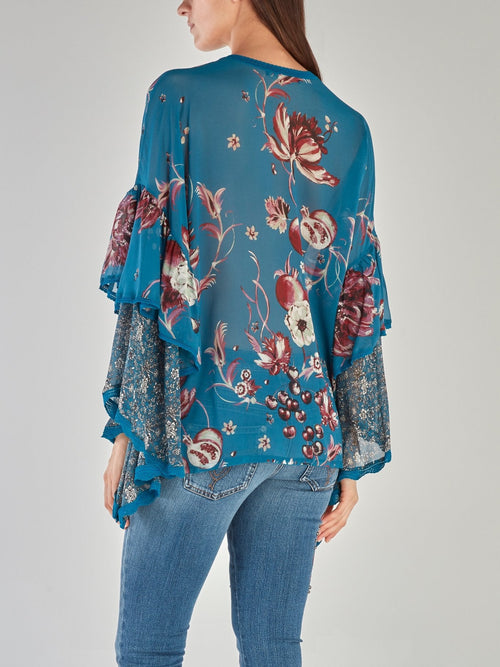 Blue Floral Print Flounce Sleeve Top