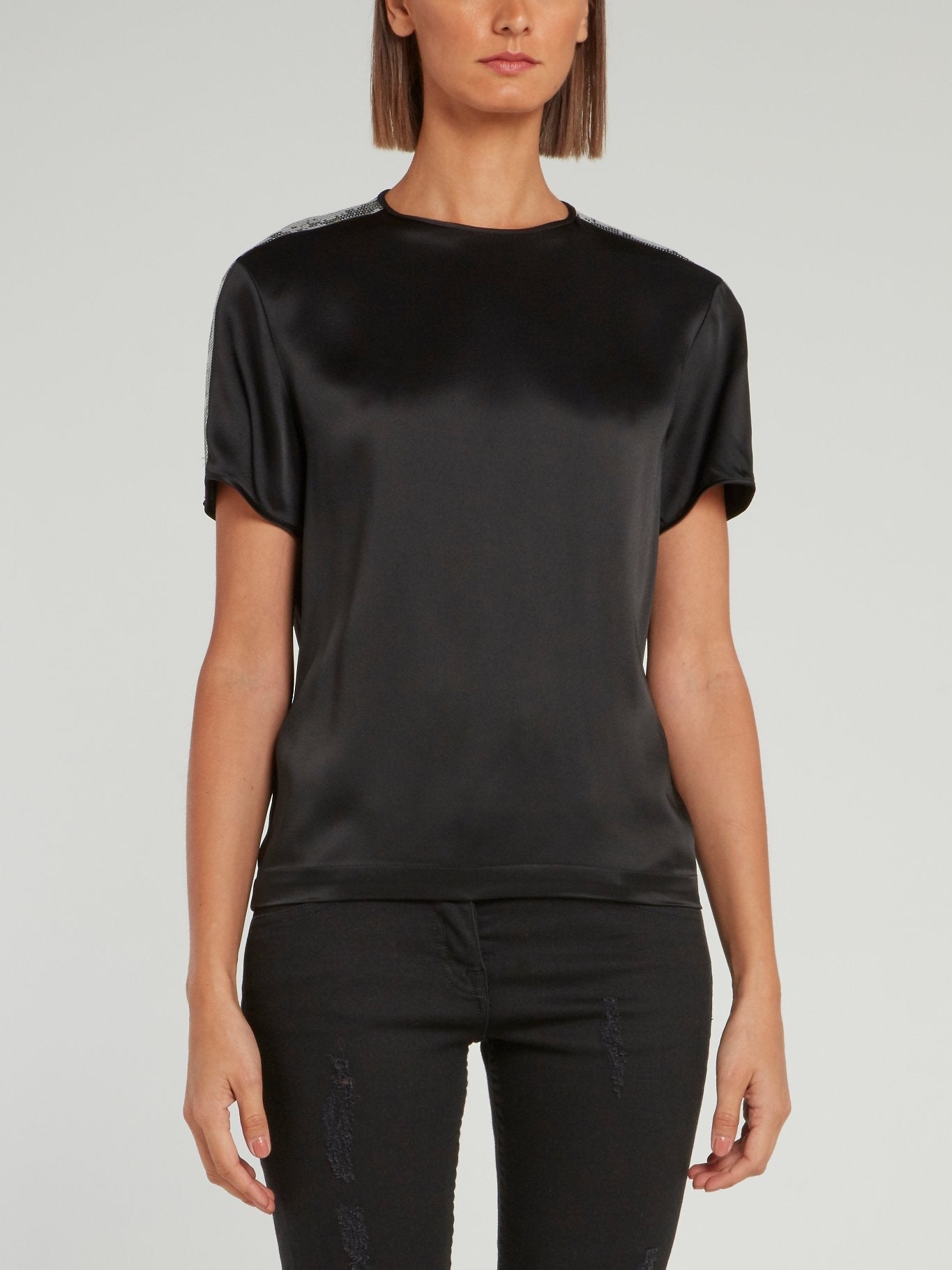 Black Sequin Panel Short Sleeve Satin Shirt