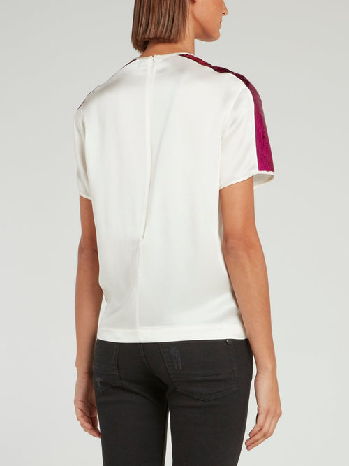 White Sequin Panel Satin Shirt