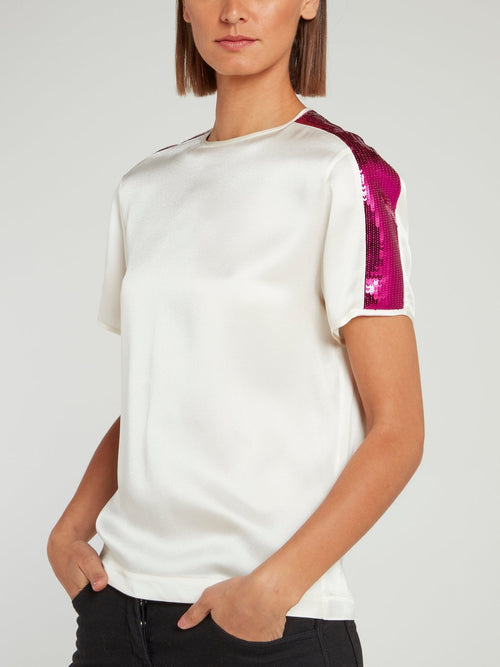 White Sequin Panel Satin Shirt