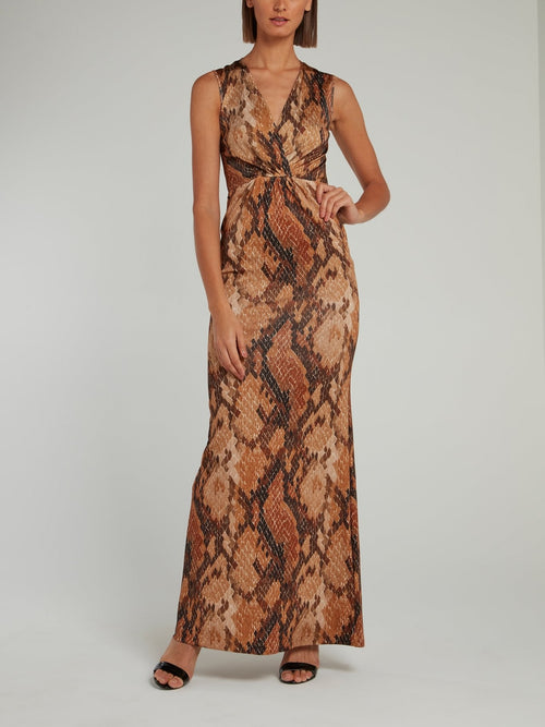 Brown Snake Effect Empire Waist Maxi Dress