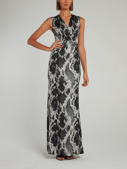 Grey Snake Effect Empire Waist Maxi Dress